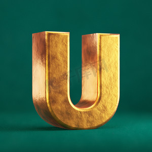 金色的福字摄影照片_潮水绿色背景上的福尔图纳金字母 U 大写。