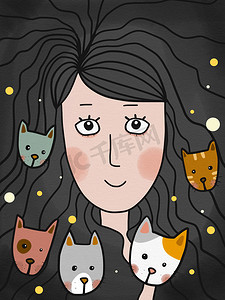 女人和猫水彩画插图