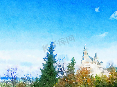 版画城堡摄影照片_水彩艺术版画，阿尔卑斯山中的城堡