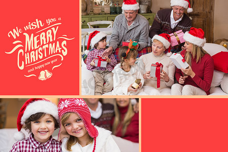 红色背景下的幸福家庭和圣诞贺词