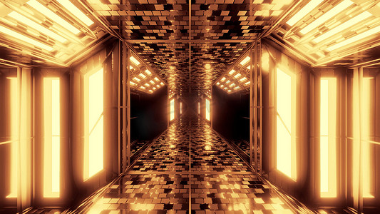 具有布洛克纹理和漂亮反射的未来科幻机库隧道走廊 3d 插图背景壁纸