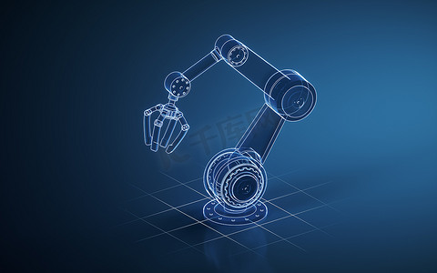 工业蓝色背景摄影照片_机械臂有蓝色背景，3D 渲染。