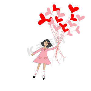 可爱的卡通女孩带着心形气球飞翔