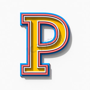 字迹字体摄影照片_带阴影字母 P 3D 的平板衬线彩色轮廓字体