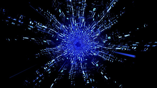 3D 抽象未来派数字电路板隧道 HUD 与发光光蓝色振动色波背景 Ver.1（半波）