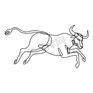 极简涂鸦摄影照片_德克萨斯长角牛跳跃侧视图连续线图