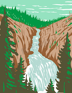 开普勒在美国怀俄明州黄石国家公园西南部的 Firehole 河上倾泻瀑布 WPA 海报艺术