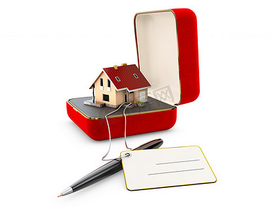 红色首饰盒的 3d 插图与房子隔离在白色
