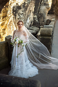 泰山摄影照片_瑞士萨克森、德国巴斯泰山峡谷背景下，一位身穿白色连衣裙、一束鲜花的新娘