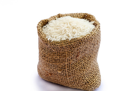 袋装泰国茉莉花米，麻袋背景白米，米粒特写