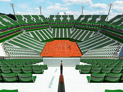 美丽的开放式红土球场，设有绿色座椅和 VIP 包厢，可容纳一万五千名球迷