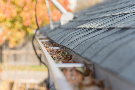屋顶瓦片附近的排水沟堵塞，背景是五颜六色的秋叶