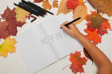手在写字摄影照片_孩子们的手在白色背景的笔记本上写字，秋叶，回到学校