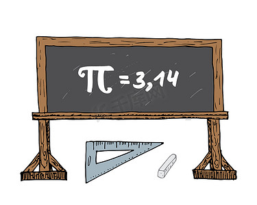 矢量公摄影照片_Pi 符号手绘图标，Grunge 书法数学符号在学校黑板矢量插图上隔离在白色免费