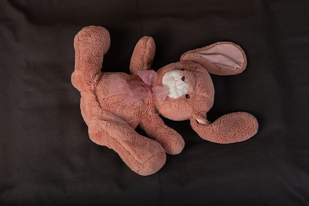 玩具小兔子摄影照片_黑色背景下的小兔子玩具