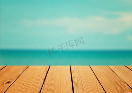 导视设计模板摄影照片_在海背景的空的木甲板桌，夏天概念