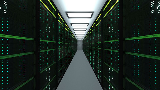 数据中心现代服务器机房内部、网络和互联网电信技术、大数据存储和云服务概念、3d 渲染