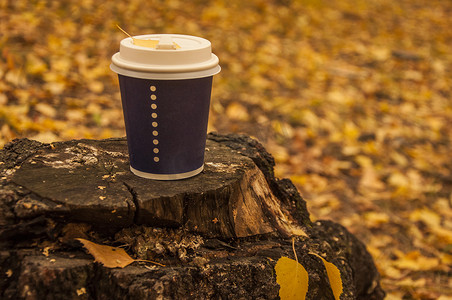 一杯热咖啡摄影照片_喝着一杯热咖啡在秋天的公园散步。