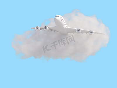 淡蓝色背景上有云的飞机。
