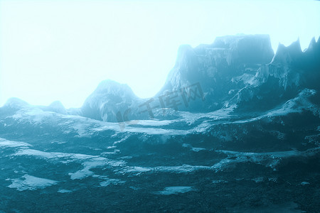 夜间覆盖着雪的山景顶部，3d 渲染。