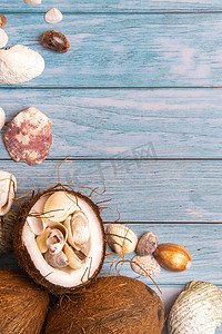 海洋主题背景摄影照片_蓝色木质背景上的椰子和贝壳。海洋主题