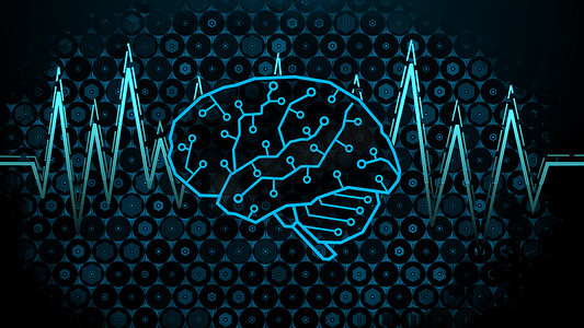 大脑仪表盘摄影照片_具有脑波和随机抽象六边形技术背景的数字大脑设计