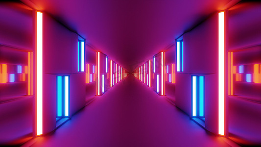 干净的未来科幻隧道走廊与发光灯和玻璃窗 3d 插图壁纸背景设计