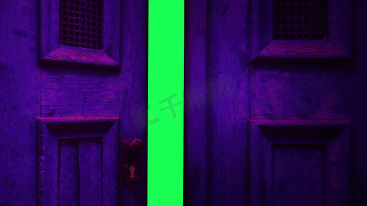 进入童话故事摄影照片_3d 插图-木门打开绿屏
