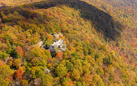 敦巴辛饶摄影照片_库珀斯岩州立公园俯瞰西弗吉尼亚州的奇特河，秋天的色彩