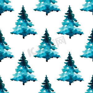 圣诞水彩松树无缝图案蓝色。