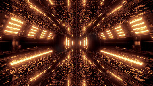 空调背景摄影照片_未来派科幻空间机库隧道走廊 3D 插图与砖纹理和发光的空调背景壁纸
