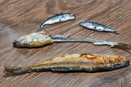 炸鱼条摄影照片_整条炸鱼和鱼骨头放在盘子里。