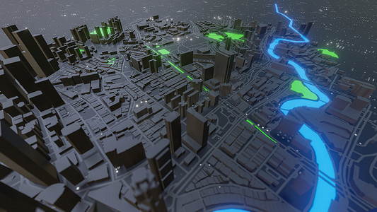 抽象霓虹灯发光智能城市与建筑物和街道