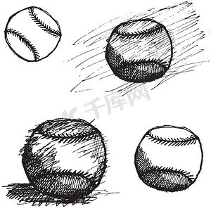 素描球摄影照片_棒球球素描集隔离在白色背景