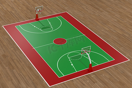 有木地板的篮球场， 3d翻译。