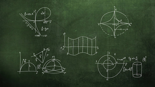 3d 插图-黑板上的特写数学公式和元素，