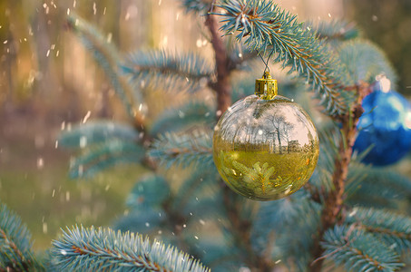 树枝状水系摄影照片_冷杉树枝与圣诞球、雪花和云杉树枝。
