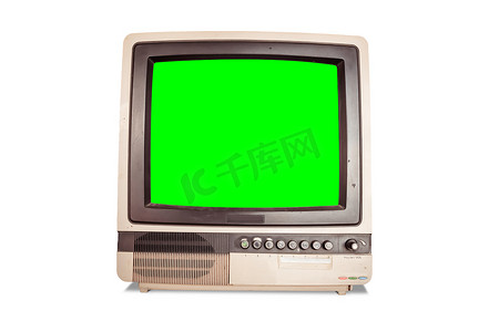 电视背景摄影照片_旧复古家庭电视接收器的前视图，空白绿色屏幕隔离在白色背景上，带有剪切路径