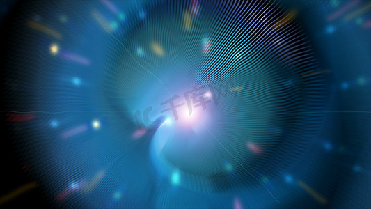 空间中具有闪亮粒子的光隧道具有模糊效果、3d 渲染背景、计算机生成的背景
