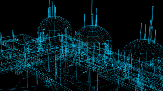 3d工厂模型摄影照片_3d 渲染-工业建筑的线框模型