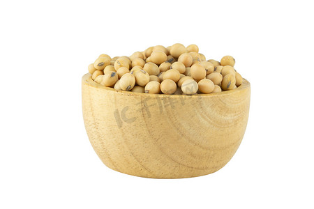 碗木中的大豆豆，在白色背景下用夹子隔开