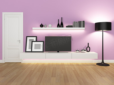 带电视柜和书柜的粉色客厅 — 渲染