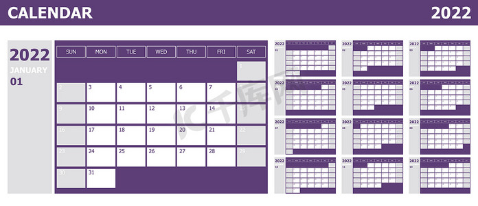 日历 2022 周开始周日设计规划器，紫罗兰色和灰色