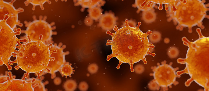 漂浮的细菌摄影照片_冠状病毒 2019-ncov 流感爆发，SARS 大流行风险概念，漂浮流感病毒细胞的微观观察，3D 渲染背景，黄色和橙色