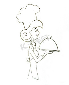 卡通食物涂鸦摄影照片_拿着盘子的卡通女服务员-孤立的涂鸦插图
