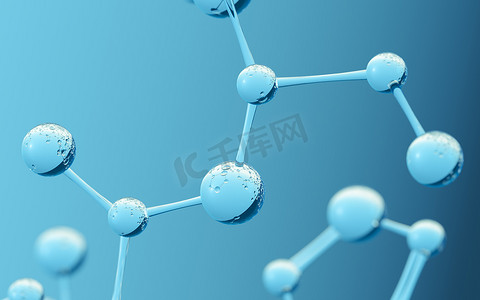 化学分子有蓝色背景，3D 渲染。