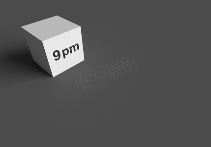 9点摄影照片_3D 渲染文字晚上 9 点在白色立方体上