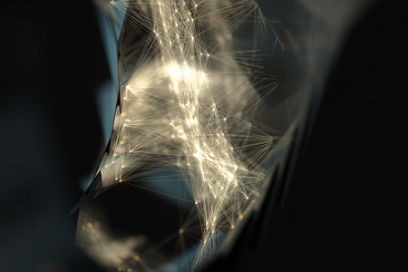 光线粒子摄影照片_带有闪亮粒子的发光线，深色几何背景，3d 渲染。