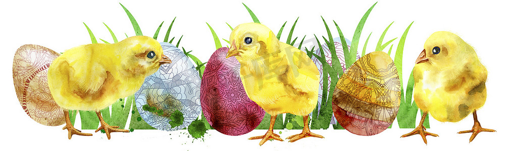 复活节彩蛋水彩摄影照片_水彩复活节彩蛋和鸡。