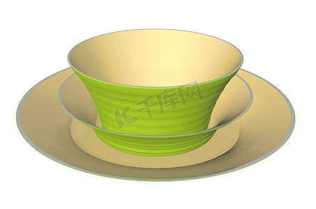 绿色和米色陶瓷餐盘和碗，3D 插图